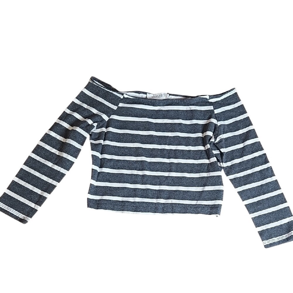 Forever 21 Off The Shoulder Striped Top, Gray White, Size Small‎
